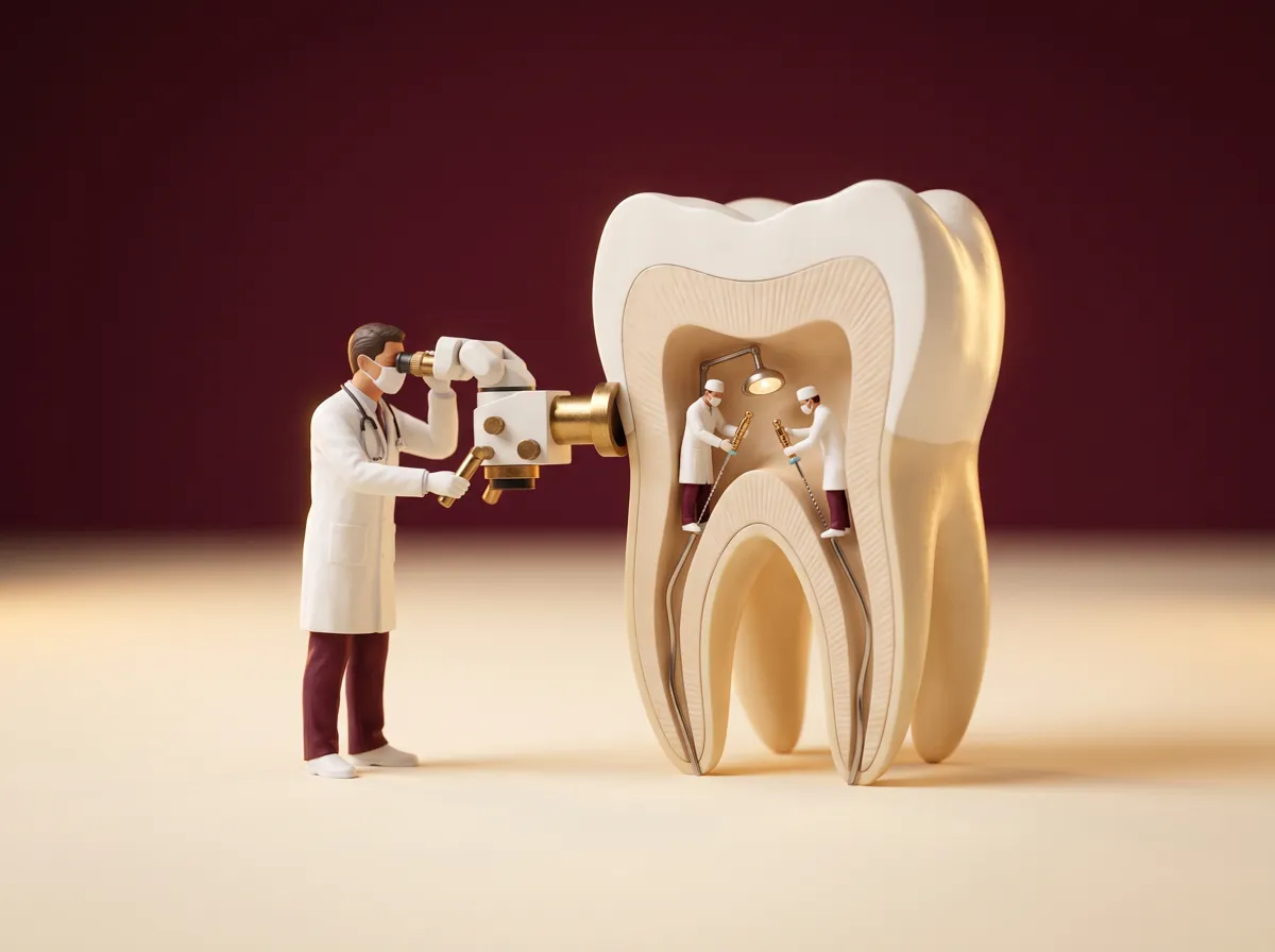 Illustration: tiny doctor using a dental microscope on a root canal