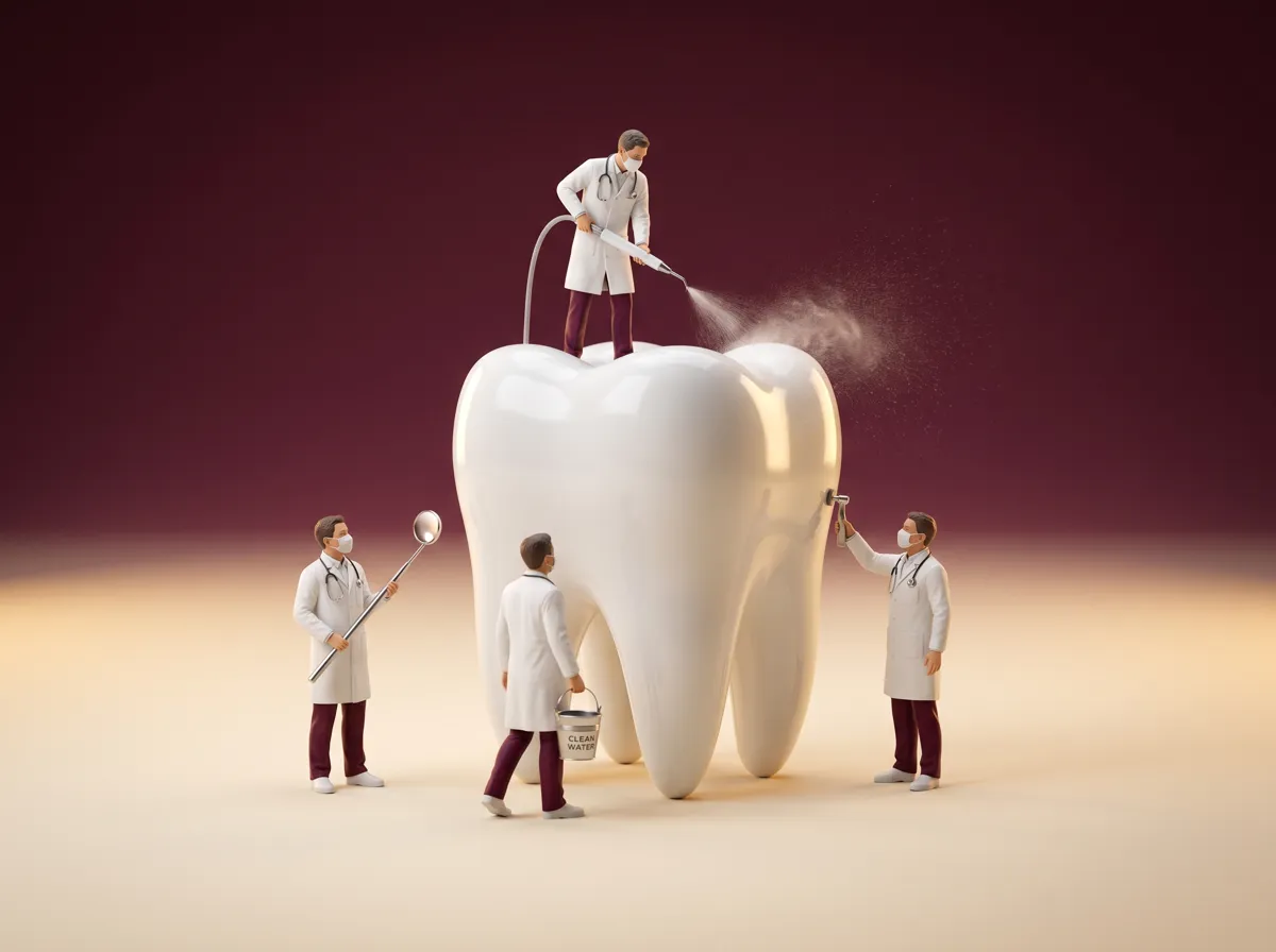 Illustration: tiny doctors cleaning a giant molar