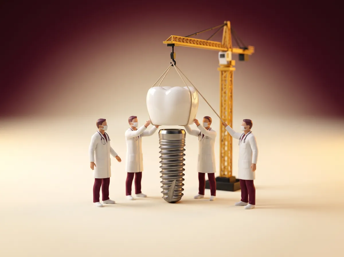 Illustration: tiny doctors lowering a crown onto an implant