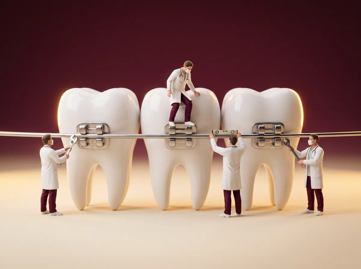 Illustration: tiny doctors adjusting braces on giant teeth