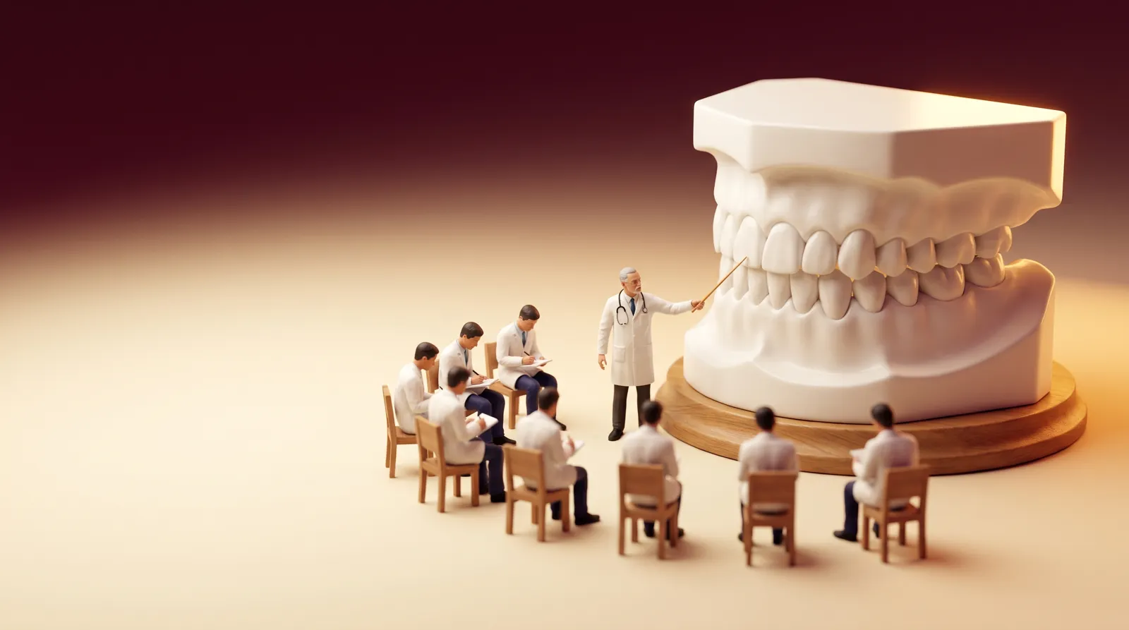 Illustration: a tiny doctor teaching young doctors in front of a giant dental model